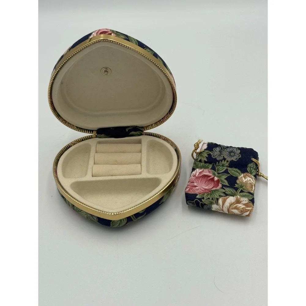 Vintage Navy Floral Heart Cloth Hinged Jewelry Box With Removable Pouch